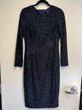 Maggy London Velvet Sheer Long Sleeve Sheath Midi Dress Size 8 Dark Purple